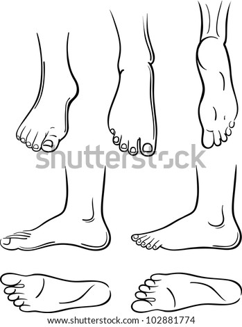 Seven Black-Outlined Man Feet Isolated On White Background. Stock ...