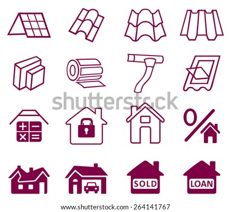Sale buildings materials (roof, facade) site icons set isolated on white background, vector illustration