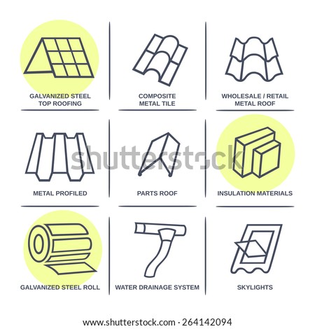 Sale buildings materials (roof, facade) site icons infographics set isolated on white background, vector illustration