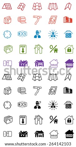 Sale buildings materials (roof, facade) site icons set isolated on white background, vector illustration