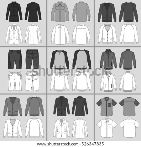 Men's clothing outlined template set front & back view (jacket, shirt, cardigan, shorts, sweatshirt, sports pullover), vector illustration isolated on grey background