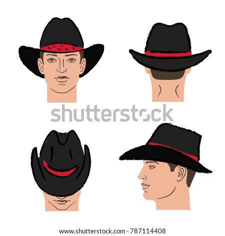 Cowboy hat outlined oil pastel template sketch (front, back, side views) and man head, vector illustration isolated on white background