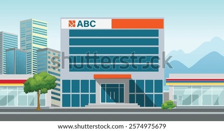 ABC text icon logo sign art street flat view home house bni clinic hotel block glass famous blue town urban city office bank care aid design first vector store tree tower