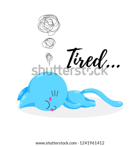 Vector cartoon kitten tired. Funny doodle cat. Template for print, design