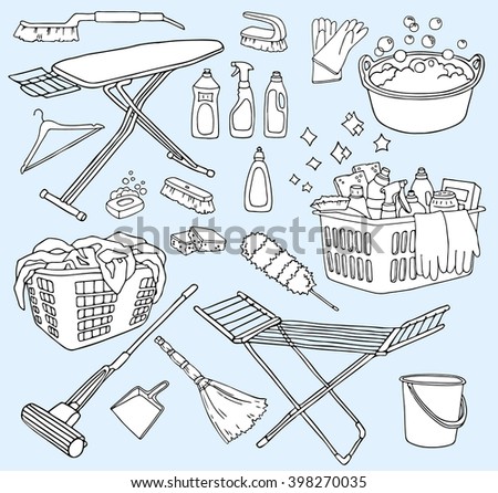 Vector Hand Drawn Set Of Cleaning Tools Service Supplies Doodle