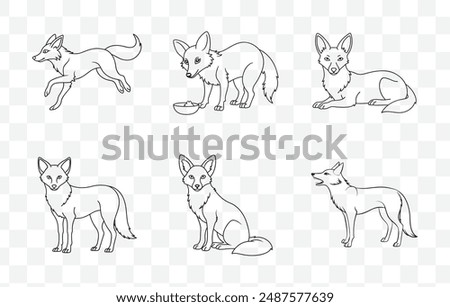 Jackal Line Art Vector Set Collection for Graphic Designers and Illustrators Offering Detailed and Versatile Line Drawings of Jackals in Various Poses and Expressions Perfect for Digital Art and Print