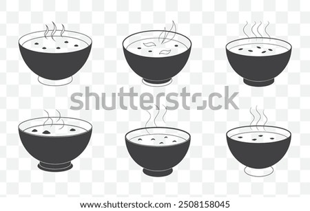 Tom Kha Gai Soup Line Art Vector Set of Traditional Thai Coconut Soup with Chicken and Aromatic Herbs