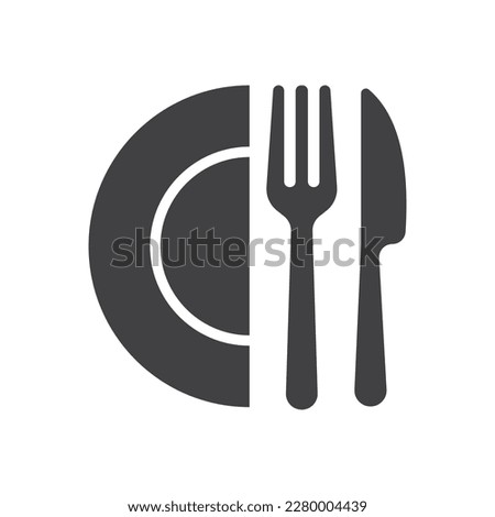 Set of dinner service signs, tableware, restaurant, cutlery icons- fork, knife, spoon, and plate - stock vector 