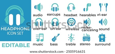 Comprehensive audio icon set earcups, headset, hearables, in-ear, over-ear, on-ear, wireless, noise-canceling, sound, music, bass, treble, stereo, surround. Perfect for tech and music projects