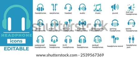 High-quality, editable headphone icon vector set featuring earphones, Bluetooth, noise-canceling, gaming, and Hi-Fi options. Ideal for audio projects!