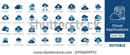 Information Technology cloud application icon set. Includes cloud computing, infrastructure, development, security, and business icons. Vector graphics for easy customization