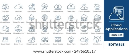 Information Technology | cloud  application icon set. Includes cloud computing, infrastructure, development, security, and business icons. Vector graphics for easy customization.