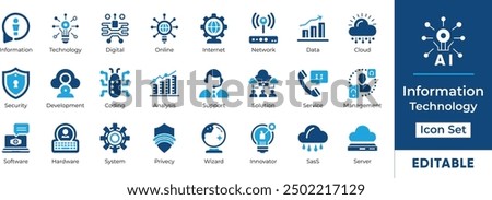 Information Technology icon set featuring essential elements like cloud computing, data analysis, AI, security, development, and more. Perfect for web design, presentations, and mobile apps.