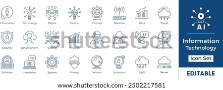 Information Technology line icon set featuring essential elements like cloud computing, data analysis, AI, security, development, and more. Perfect for web design, presentations, and mobile apps.