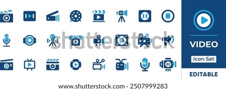 Video icon set. Features essential elements like play, pause, rewind, fast forward, and sound control. Perfect for media players, video platforms, and presentations. Editable vector graphics.