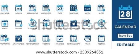 Calendar Icon Set. Features editable time management symbols. Includes icons for months, days, weeks, reminders, and more. Perfect for websites, and apps related to scheduling, planning, and events.