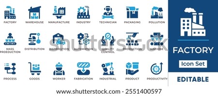 Factory Icon Set. Features editable icons for manufacturing, industry, production, assembly line, quality control, and more. Perfect for industrial, manufacturing, and business designs.