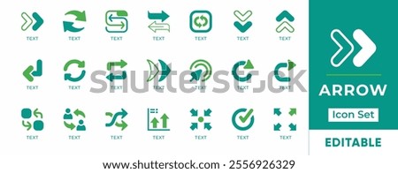 Arrow Icon Set. Features editable icons for arrow, pointer, direction, navigation, forward, backward, next, and more. Perfect for websites, apps, and digital projects.