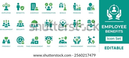 Employee Benefits Icon Set. Features editable icons for employee benefits, compensation, wellness, work-life balance, etc. Perfect for HR departments, businesses, and employee engagement initiatives.