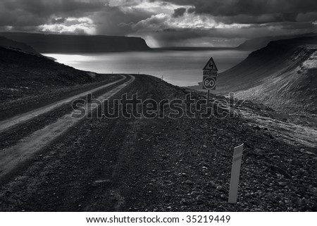 Storm in fjord - black and white. West Fjords, Iceland