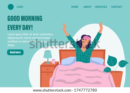 Good morning every day. Website homepage landing web page template. A young woman wakes up. The concept of daily life, everyday leisure and work activities. Flat cartoon vector illustration.