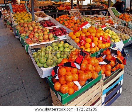 Big green market with fresh organic fruits and vegetables