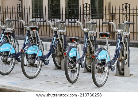 LONDON, UK - October 12; Cycle hire scheme founded by Boris Johnson mayor of London and Barclays in London, UK - October 12, 2010; Bycycles for hire on London sidewalk known as Boris bikes