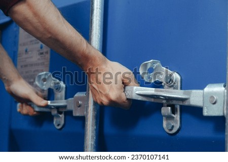 Similar – Image, Stock Photo opened warehouse door with unexpected noble blue curtain