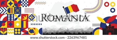 Romania National day celebration abstract banner design with flag and map. Flag color theme geometric pattern retro modern Illustration design. Blue, yellow and red color template.