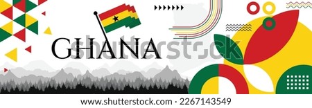 Ghana independence day banner with name and map. Flag color themed Geometric abstract retro modern Design. Red, yellow and green color vector illustration template graphic design.