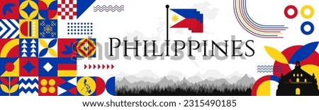 The Philippines Independence Day abstract banner design with flag and map. Flag color theme geometric pattern retro modern Illustration design. Blue, red, yellow and white color template.