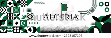 Independence Day of Algeria banner with name and map. Flag color themed Geometric abstract retro modern Design. Green, white and red color vector illustration template graphic design.