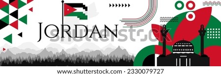 The Jordan Independence Day abstract banner design with flag and map. Flag color theme geometric pattern retro modern Illustration design. Green, white, black and Red color template.