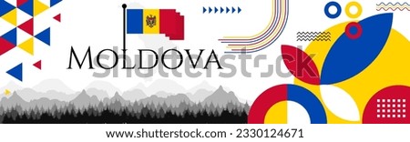 Moldova Independence Day abstract banner design with flag and map. Flag color theme geometric pattern retro modern Illustration design. Blue, Yellow and Red flag color template.