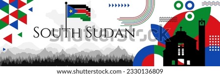 South Sudan Independence Day abstract banner design with flag and map. Flag color theme geometric pattern retro modern Illustration design. Blue, Red, Green flag color template.