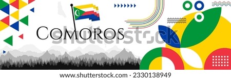 Comoros national day abstract banner design with flag and map. Flag color theme geometric pattern retro modern Illustration design. Yellow, blue, green, red flag color template.