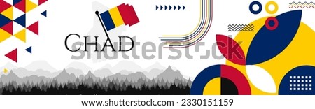 Chad Independence Day abstract banner design with flag and map. Flag color theme geometric pattern retro modern Illustration design. Dark Blue, yellow and Red flag color template.