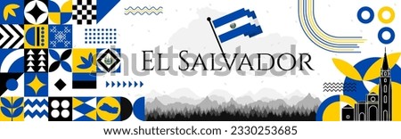 El Salvador Independence Day abstract banner design with flag and map. Flag color theme geometric pattern retro modern Illustration design. Blue and Yellow flag color template.