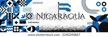 Nicaragua Independence Day abstract banner design with flag and map. Flag color theme geometric pattern retro modern Illustration design. Blue flag color template.