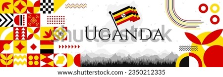 The Uganda Independence Day abstract banner design with flag and map. Flag color theme geometric pattern retro modern Illustration design. Red, yellow and black color template.