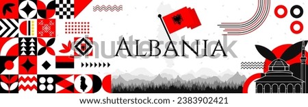 Albania Flag Day banner with name and map. Flag color themed Geometric abstract retro modern Design. White, red and black color vector illustration template graphic design.