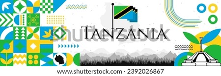 Tanzania Independence Day banner with name and map. Flag color themed Geometric abstract retro modern Design. Green, Blue, yellow and black color vector illustration template graphic design.