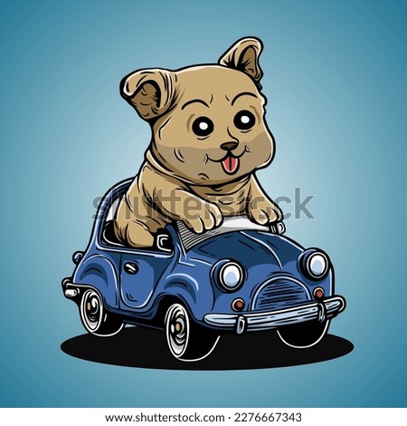 Funny Small Car Cute Little Dog Riding Vector Illustration