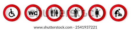 A series of signs showcases different restroom facilities available in a public park. Options include accessible, male, female, and family restrooms for visitors.