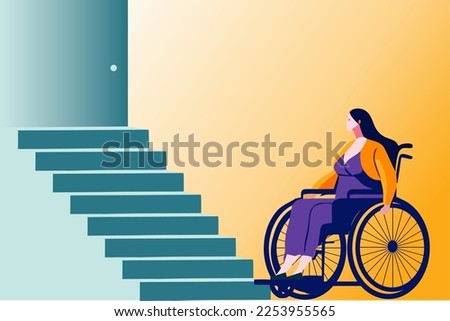 Vector character Illustration of disabilities people scene. Handicapped woman in wheelchair, access ramp in entrance of multi-storey house. Accessible environment, urban infrastructure concept