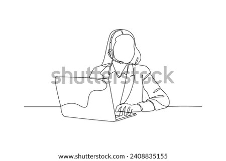 costumr service is constantly interacting with different consumers and resource in front laptop. Marketing Concept. Single line draw design vector graphic illustration.