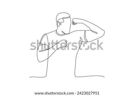 Single continuous line drawing of man showing off his muscle mass during weight training. Fitness stretching concept. Trendy one line draw design vector illustration