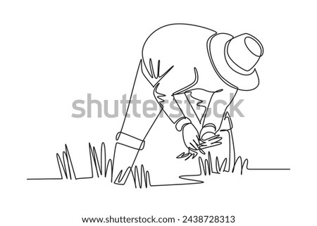 Single one line drawing of farmers rice planting working. Farming challenge minimal concept. Continuous line draw design graphic vector illustration.