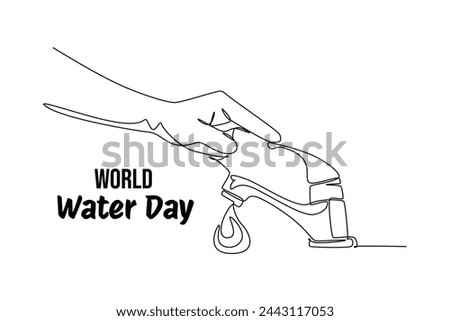 Single continuous line drawing Man turning off the water to save water energy. Ecology and world water day minimalist concept. Dynamic one line draw graphic design vector illustration