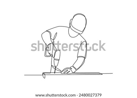 Single continuous line drawing of a craftsman using a drilling machine. Minimalism concept one line draw graphic design vector illustration